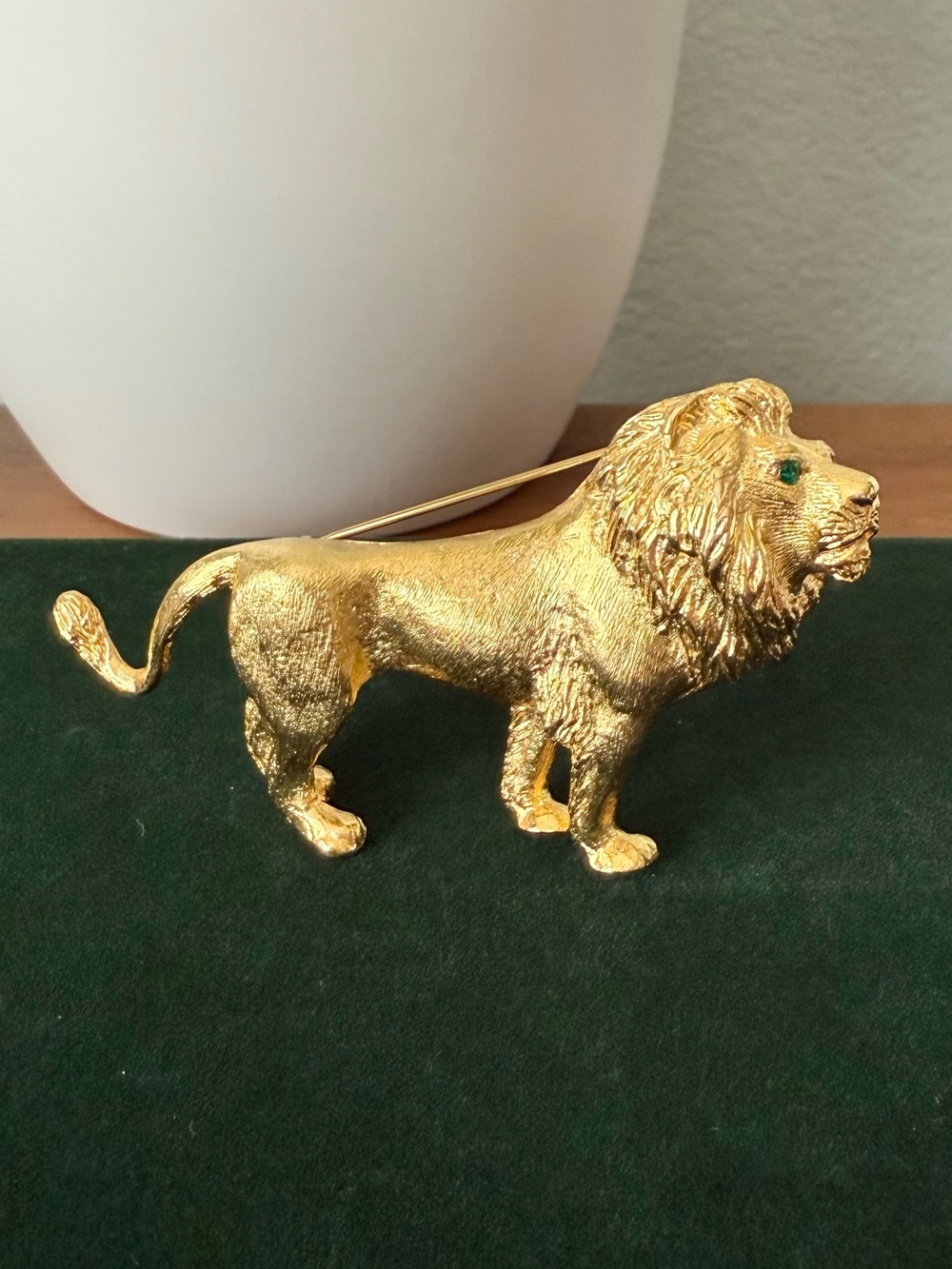 Vintage Gold Lion Brooch Pin with Green Rhinestone Eyes Goldtone Large Figural